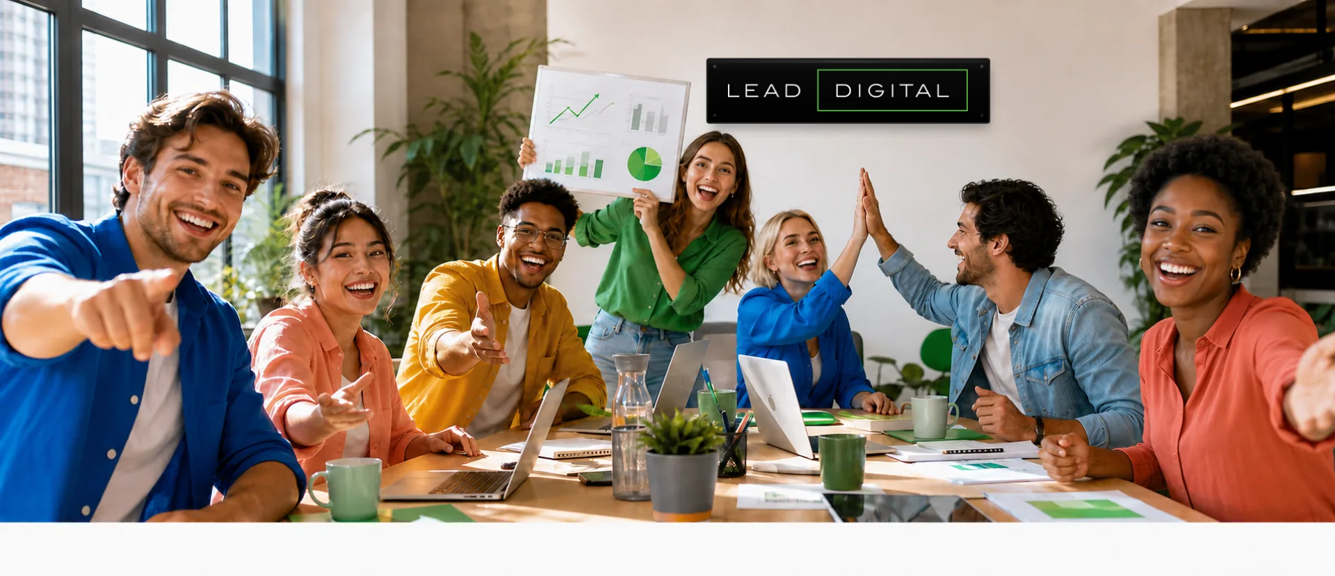 An enthusiastic LeadDigital marketing team celebrating campaign results in a bright office